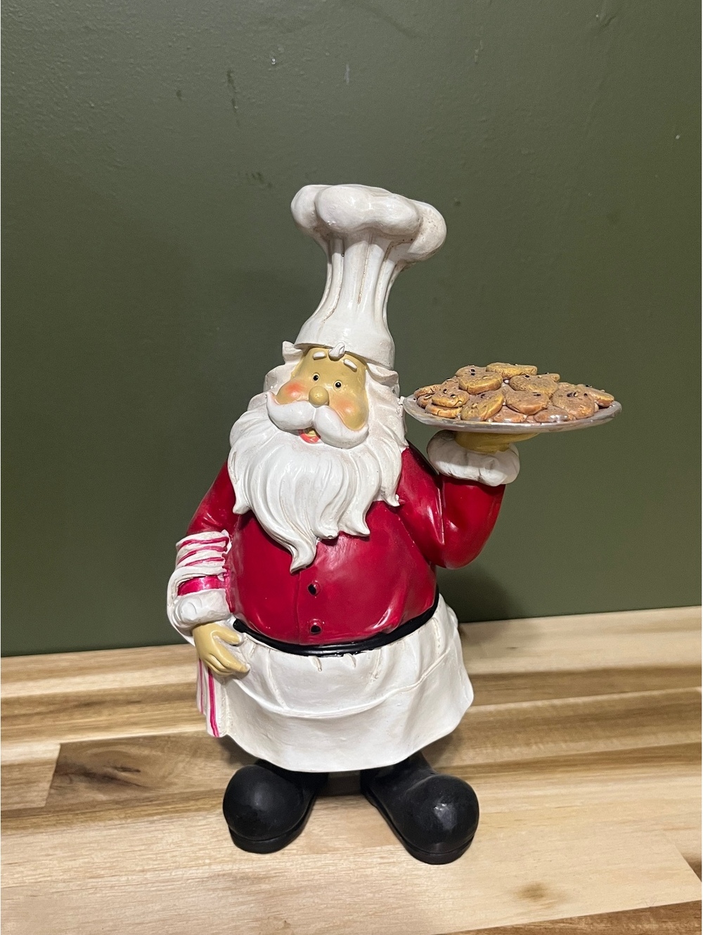 Chef Santa Claus Figurine Holding Plate of Cookies - Holiday Kitchen Decor, 8-In